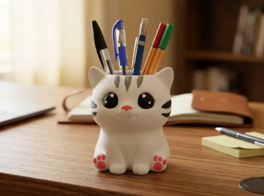 Sevimli Kedi Kalemlik – Masaüstü Organizer & Dekoratif 3D Figür (Cat Pen Holder)