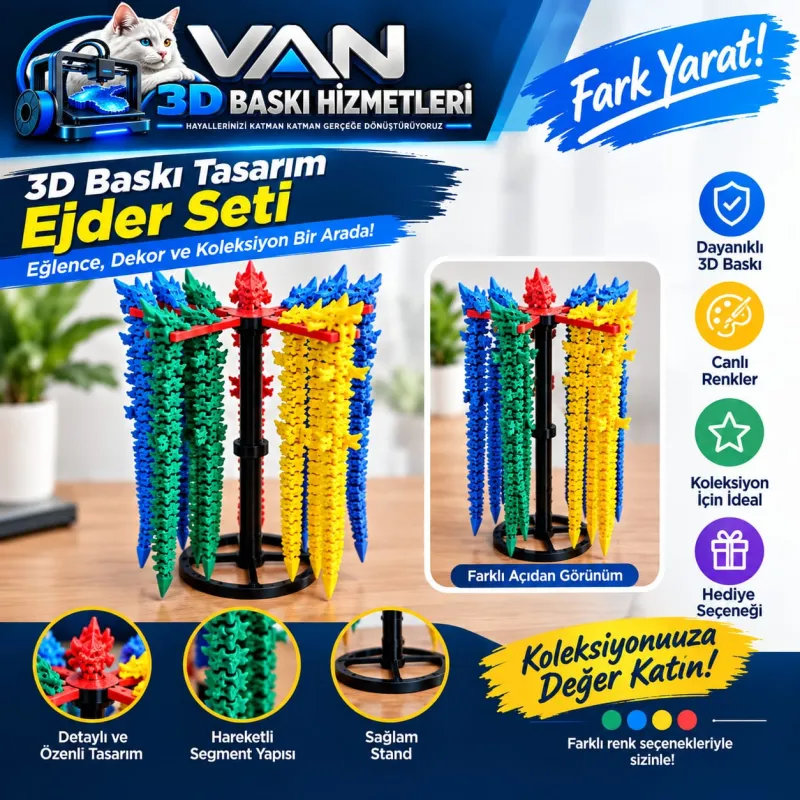 Çin Ejderhası Sergileme Stant Seti + 15 Adet Karışık Renkli 20 cm Hareketli Ejderha Figürü